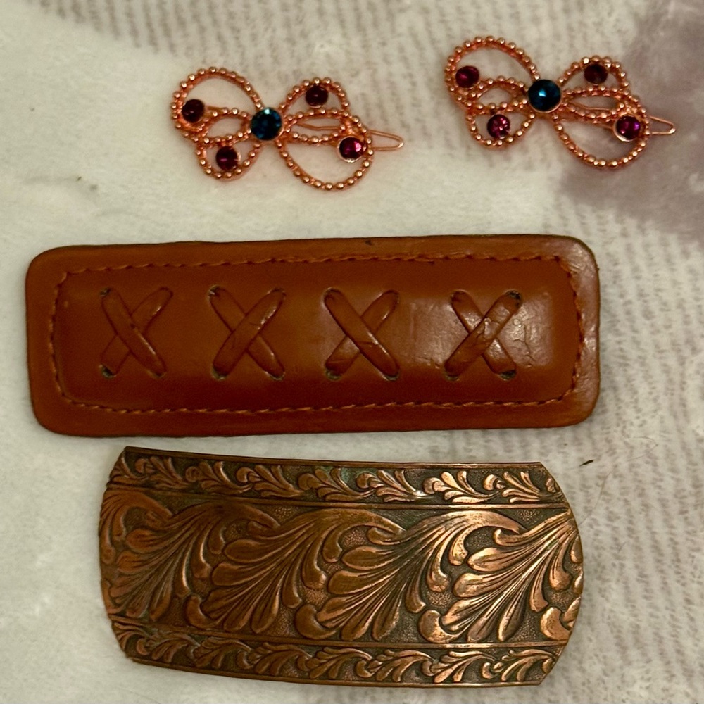 3 Fall Hair clips Leather, Copper, Metal Hair Jewelry